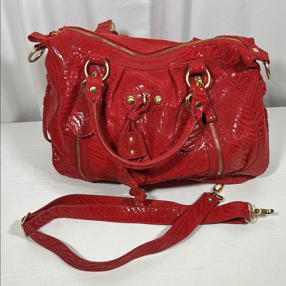 Hype Red Snakeskin Print Leather Roomy Satchel Crossbody